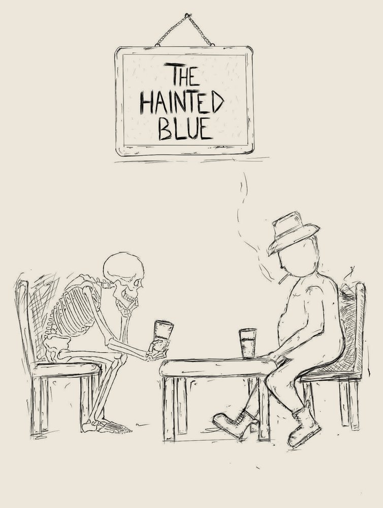 Smokers Section illustration: a skeleton and a man in a hat sharing drinks under a Hainted Blue sign